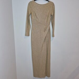 Lauren Ralph Lauren Gold Evening Dress Long Sleeve Low Back Retro Glam  6 Petite